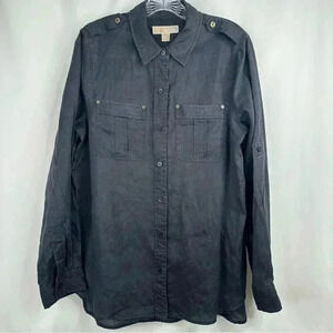 NWOT Michael Kors Womens Button Down Rami Blouse Navy Blue Golden Accents Size L
